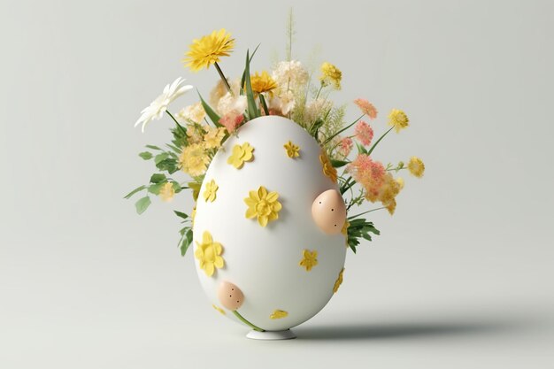 Happy Easter Easter eggs and natural sprig flowers on blue table backgroun