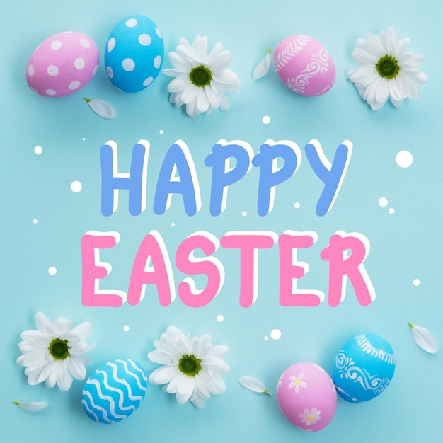 Happy easter festive background spring holiday congratulation pastel pink blue color painted egg