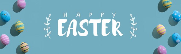 Photo happy easter festive banner greeting words eggs