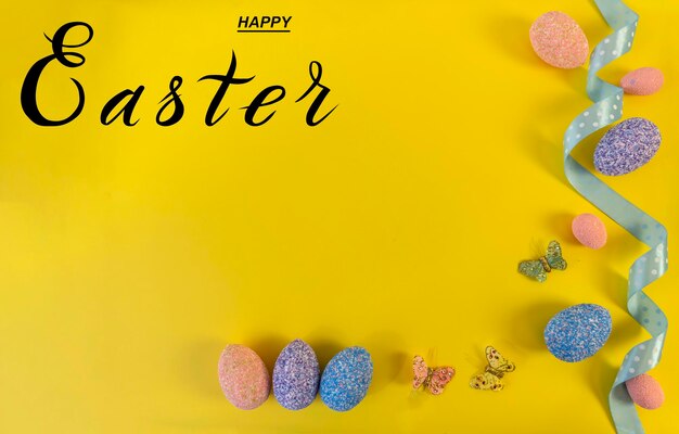 Happy easter Flat Lay Internet banner with Copy Space on Easter