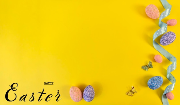 Happy easter Flat Lay Internet banner with Copy Space on Easter