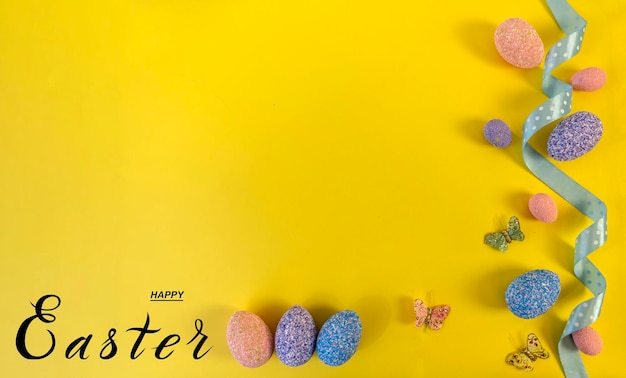 Happy easter Flat Lay Internet banner with Copy Space on Easter