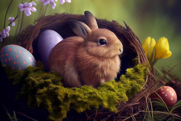 Happy Easter Greeting Background with Colorful Eggs and Bunny Generative AI