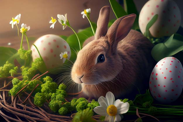 Happy Easter Greeting Background with Colorful Eggs and Bunny Generative AI