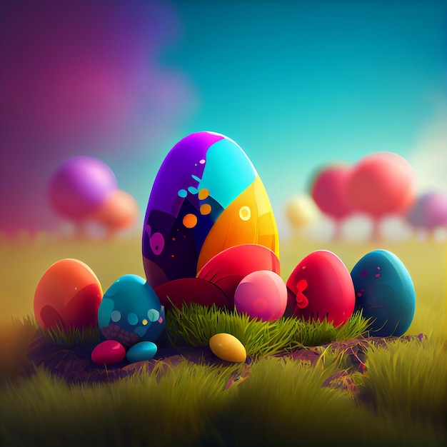 Happy Easter Greeting Background with Colorful Eggs Generative AI