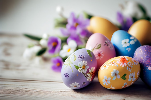 Happy Easter Greeting Background with Colorful Eggs Generative AI