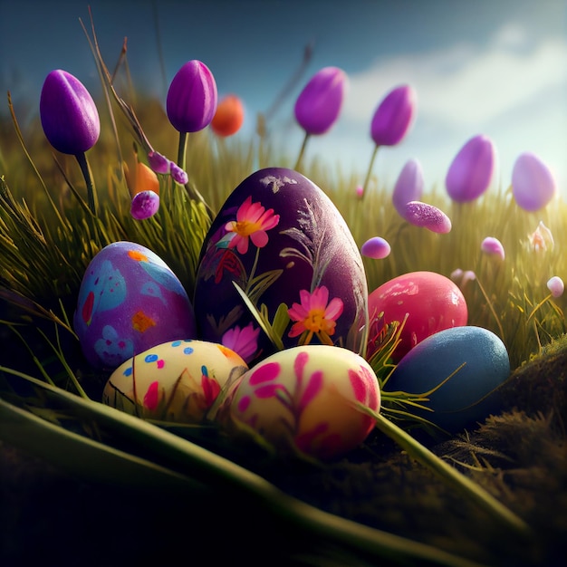 Happy Easter Greeting Background with Colorful Eggs Generative AI