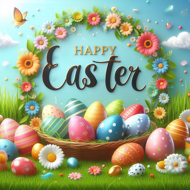 Happy Easter holiday background Easter eggs and beautiful spring flowers