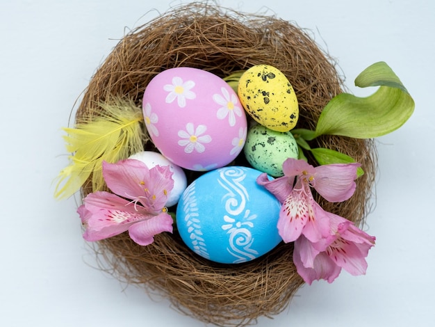 Happy easter holiday composition color eggs flower