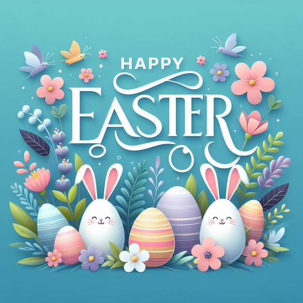 Happy easter holiday lettering banner trendy design Easter day with bunny flowers eggs typography