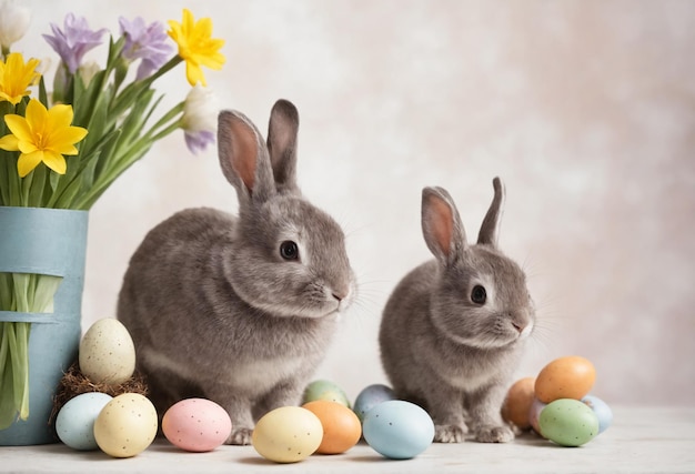 Happy Easter at home with spring flowers and a rabbit on a light room background