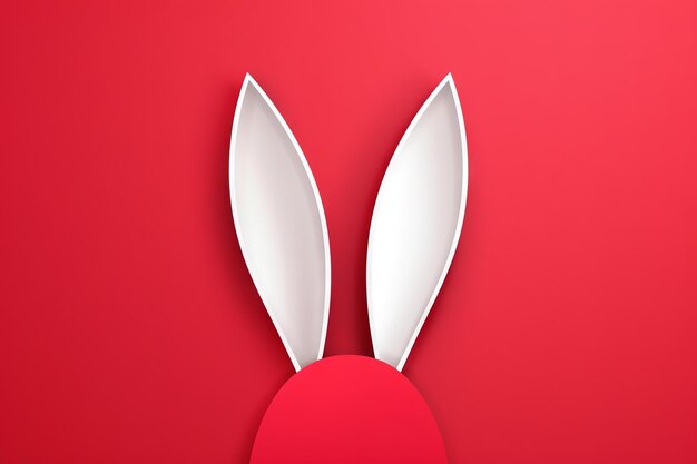 Photo happy easter minimal greeting card with white paper cut easter bunny ears on red background