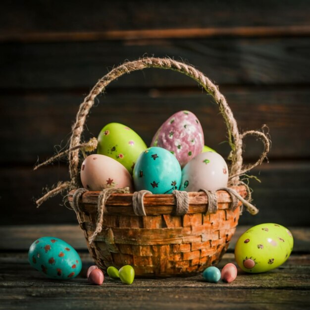 Happy Easter painted eggs in the basket on wooden rustic table