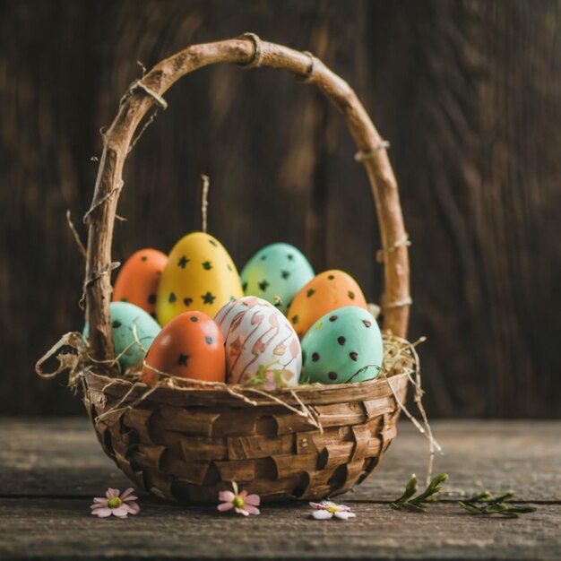 Happy Easter painted eggs in the basket on wooden rustic table