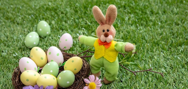 Happy Easter Pastel colored eggs in a nest on green grass close up view