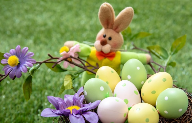 Happy Easter Pastel colored eggs in a nest on green grass close up view