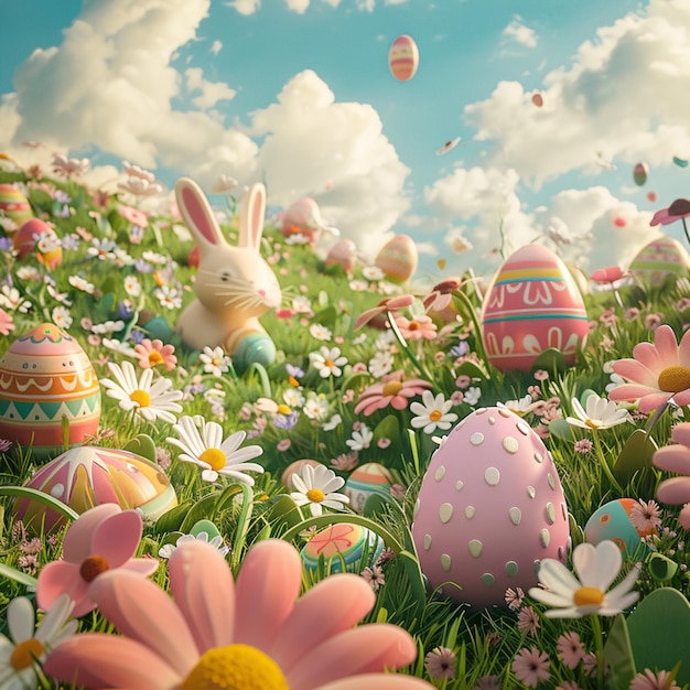 Happy Easter poster with 3d render Easter eggs and bunny in flowers field egg hunting game banner