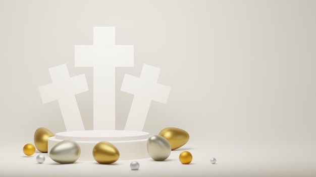 Happy easter product display stand Easter podium on gold background 3D rendering