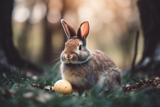 Happy Easter rabbit sitting on grass in forest generative ai