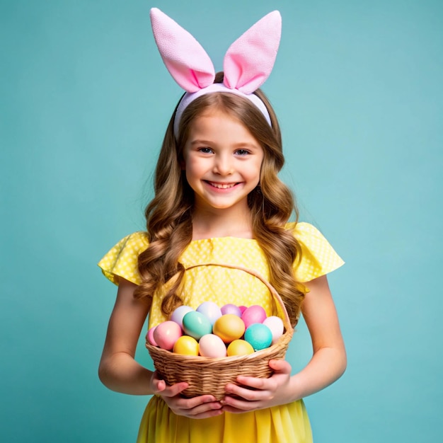 Happy Easter Smiling Girl Holding a Basket of Colorful Eggs with Bunny Ears