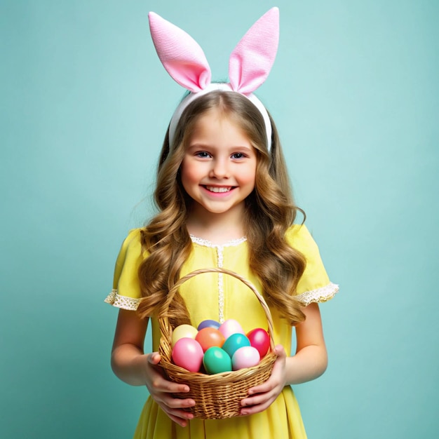 Photo happy easter smiling girl holding a basket of colorful eggs with bunny ears