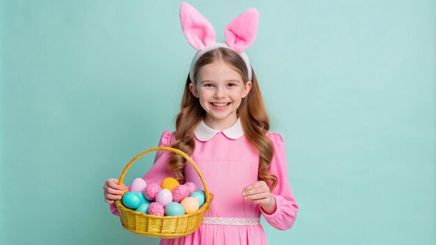 Happy Easter Smiling Girl Holding a Basket of Colorful Eggs with Bunny Ears