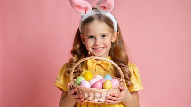 Happy Easter Smiling Girl Holding a Basket of Colorful Eggs with Bunny Ears