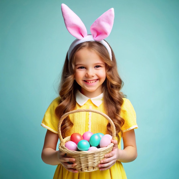 Happy Easter Smiling Girl Holding a Basket of Colorful Eggs with Bunny Ears