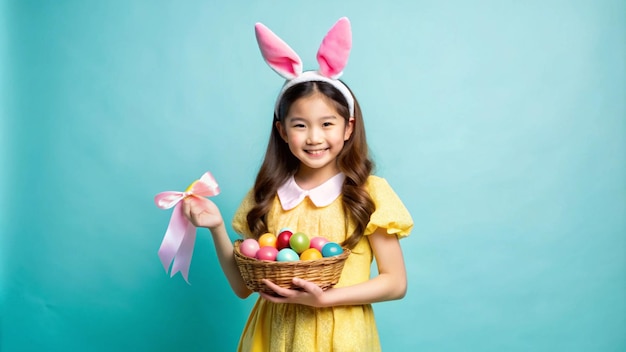 Photo happy easter smiling girl holding a basket of colorful eggs with bunny ears