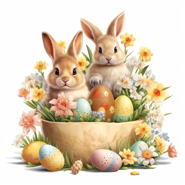 happy easter wallpaper with a cartoon bunny holding an easter egg and flowers around