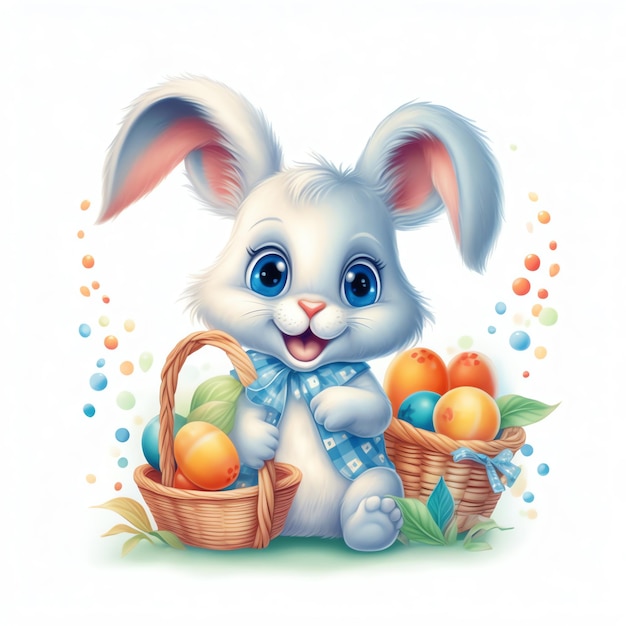 happy easter wallpaper with a cartoon bunny holding an easter egg and flowers around