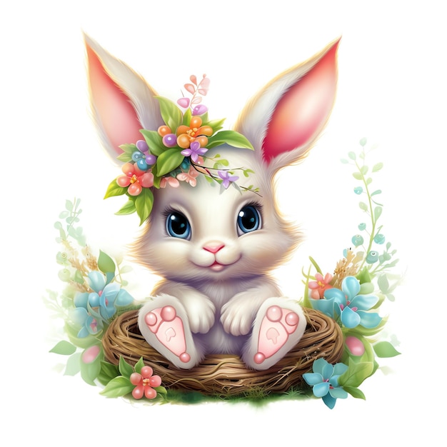 happy easter wallpaper with a cartoon bunny holding an easter egg and flowers around