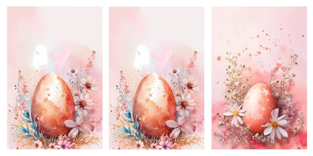 Photo happy easter watercolor cards set with decorated easter eggs and spring blooming flowers bouquet springtime holiday floral poster graphic print template with copy space for text raster illustration