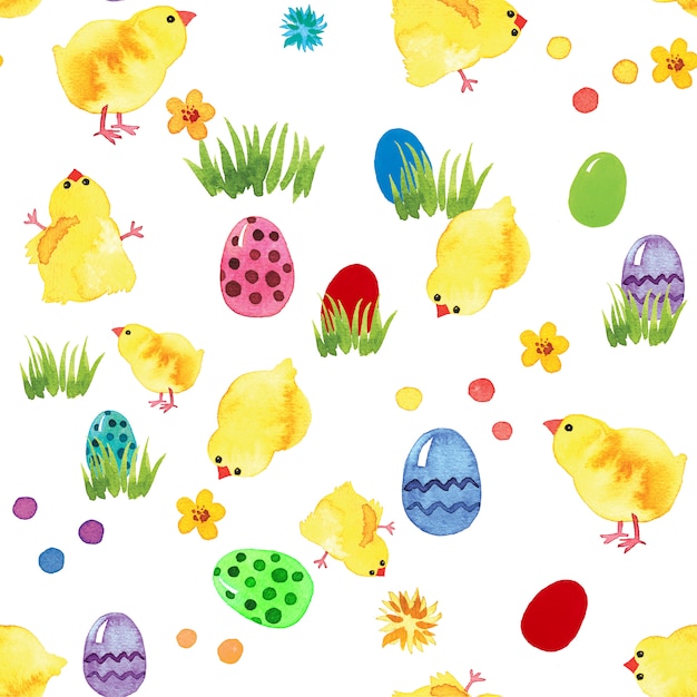 Happy easter watercolor seamless with eggs and chickens