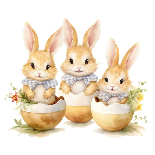 Happy easter with cute bunny hug eggs with spring flowers around in pastel watercolor style