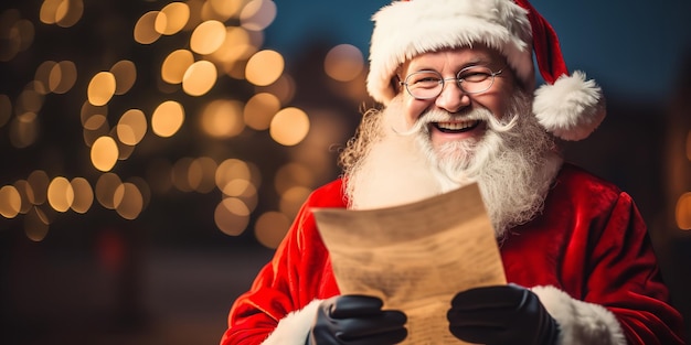 Happy and ecstatic old Santa Claus in costume clutching Happy Holidays wish list paper Generative AI