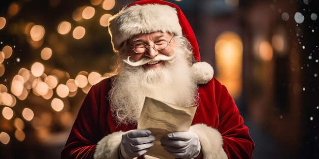 Happy and ecstatic old Santa Claus in costume clutching Happy Holidays wish list paper Generative AI