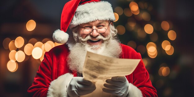 Happy and ecstatic old Santa Claus in costume clutching Happy Holidays wish list paper Generative AI