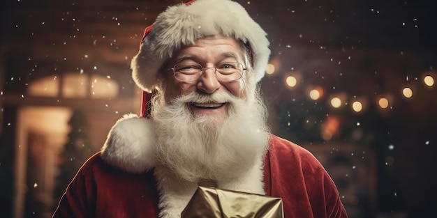 Happy and ecstatic old Santa Claus in costume clutching Happy Holidays wish list paper Generative AI