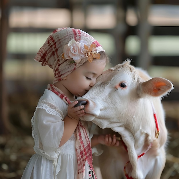 Happy Eid al adha background calf with little girl for design eid al adha greeting card