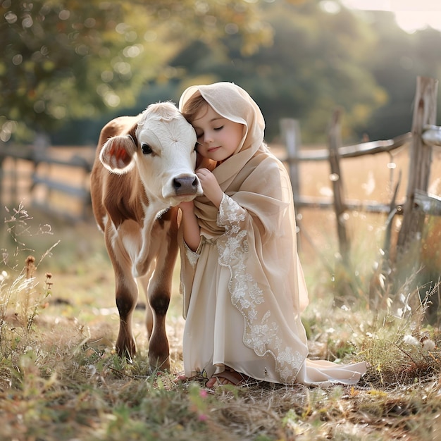 Happy Eid al adha background calf with little girl for design eid al adha greeting card