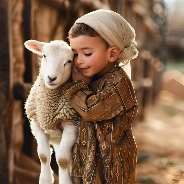 Happy Eid al adha background sheep with little girl for design eid al adha greeting card