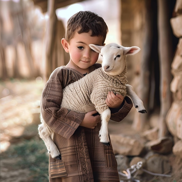 Happy Eid al adha mubarak with portrait of little boy with sheep Eid al adha celebration background