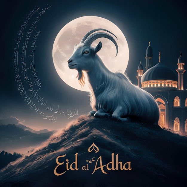 Happy eid al adha poster template with a background of a goat and mosque