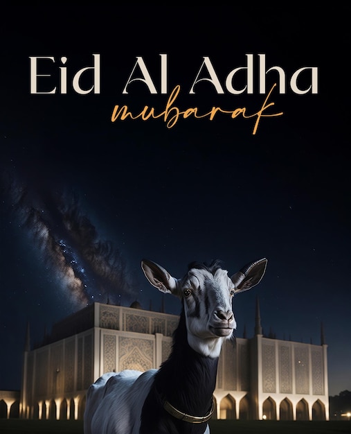 happy eid al adha social media post with goat and mosque in background copy space