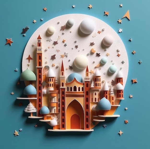 Happy Eid Al Adha with background of a mosque moon stars