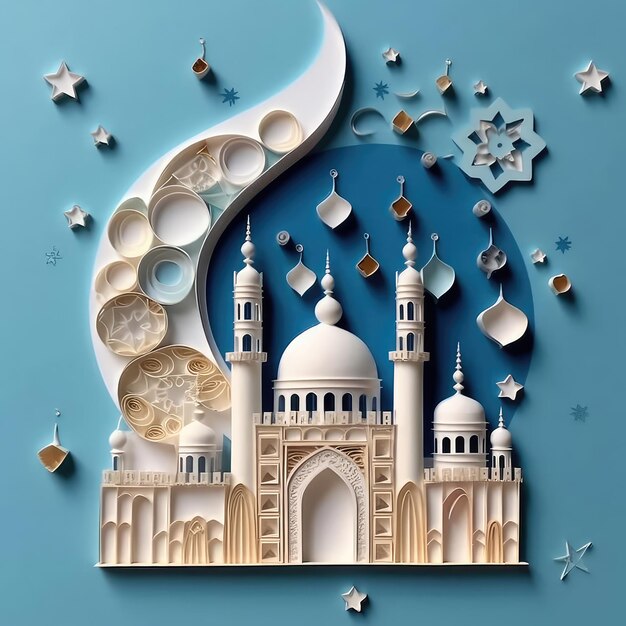 Happy Eid Al Adha with background of a mosque moon stars