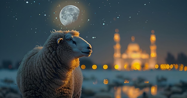 Happy eid al adha with sheep stand in front of a mosque in the background eid al adha greeting card