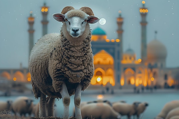 Happy eid al adha with sheep stand in front of a mosque in the background eid al adha greeting card