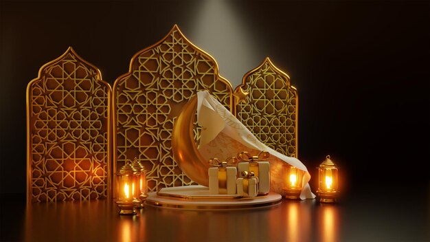 Happy Eid AlFitr Arabic calligraphy writing with an elegant gift box golden premium photo